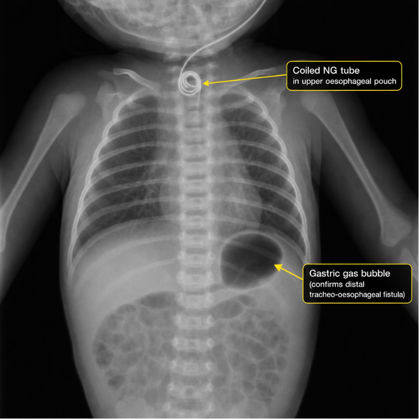Nasogastric tube coiled in the upper pouch in oesophageal atresia.